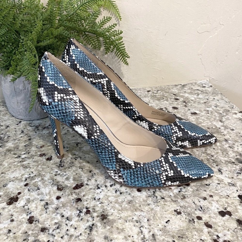 Botkier New York Marci Blue Black Snakeskin‎ Embossed Leather Pumps Heels 10M